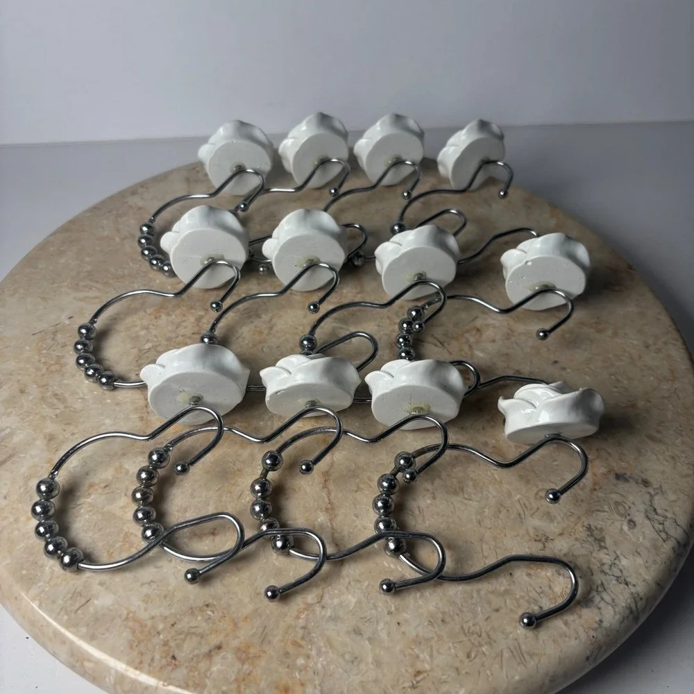 UO Rose Icon Shower Curtain Hooks Set of 12 White 3D Rose Flower‎ Shabby Chic